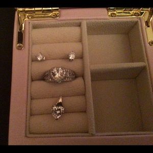 Diamonique 3 ct. 100 facet sterling silver Sz 6 heart ring, pendant & earrings